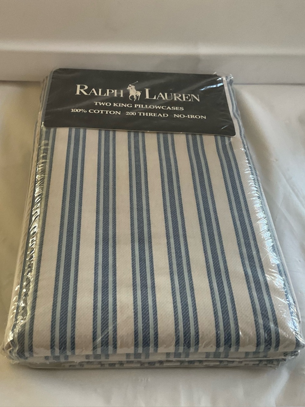 Ralph Lauren Vintage 2 King Size Claudine Blue Striped Pillowcases New In PKG